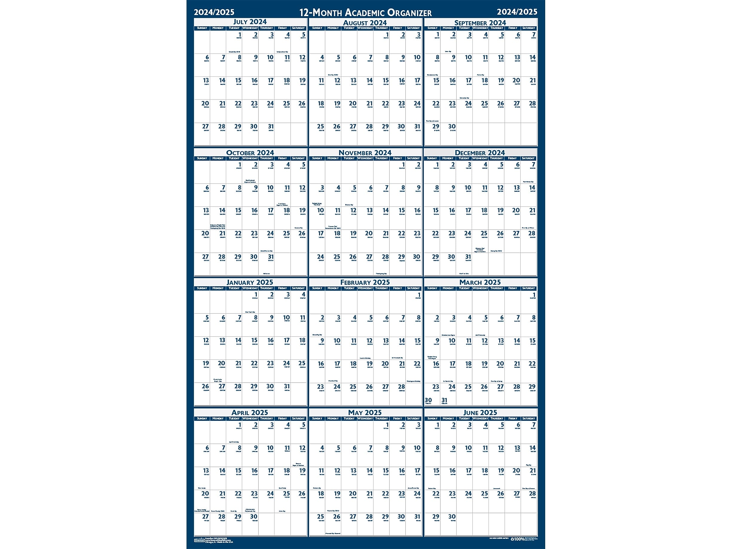 2024-2025 House of Doolittle 37" x 24" Academic Yearly Dry-Erase Wall Calendar, Reversible, White/Blue (395-25)