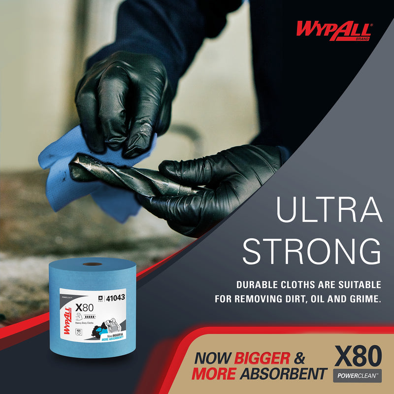 WypAll PowerClean X80 Fabric Cleaning Wipers, 13.4" x 12.5", Blue, 455 Sheets/Roll (41043)