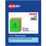 Avery Sure Feed Laser Shipping Labels, 2"x 4", Assorted Neon, 500 Labels/Box (5956)