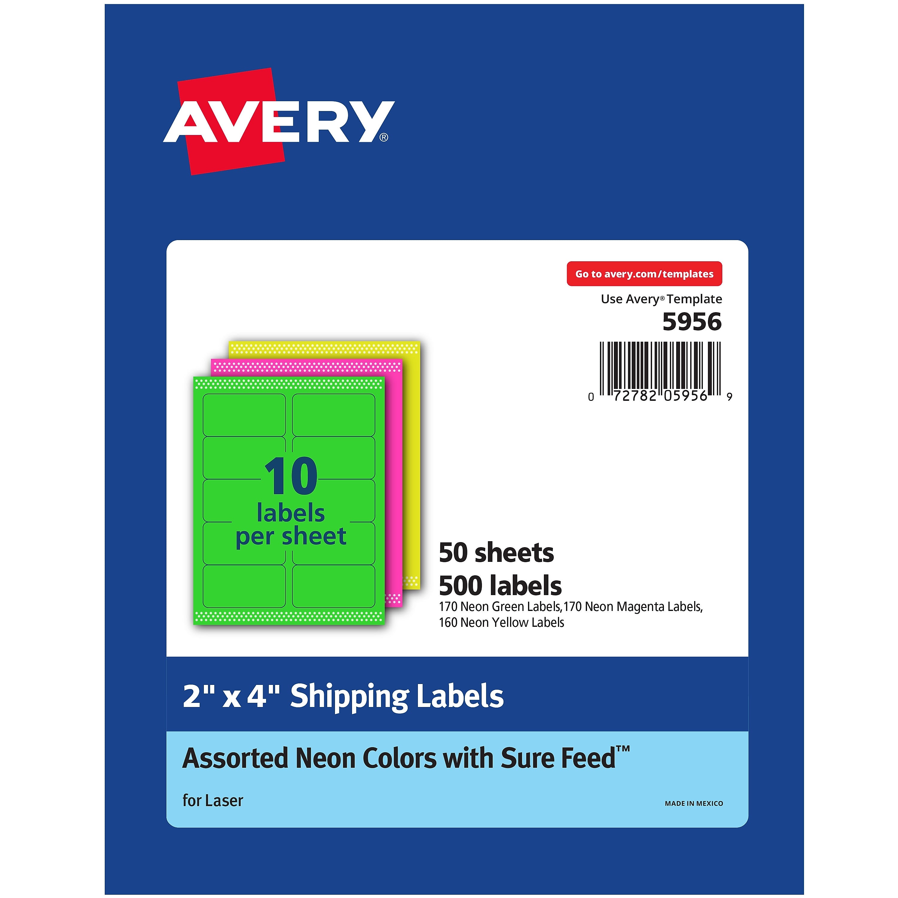 Avery Sure Feed Laser Shipping Labels, 2"x 4", Assorted Neon, 500 Labels/Box (5956)