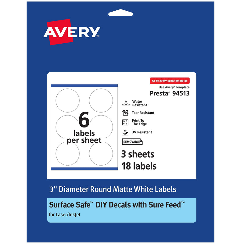Avery Laser/Inkjet Round Multipurpose Labels, 3" Dia, 18 Labels/Pack (94513)