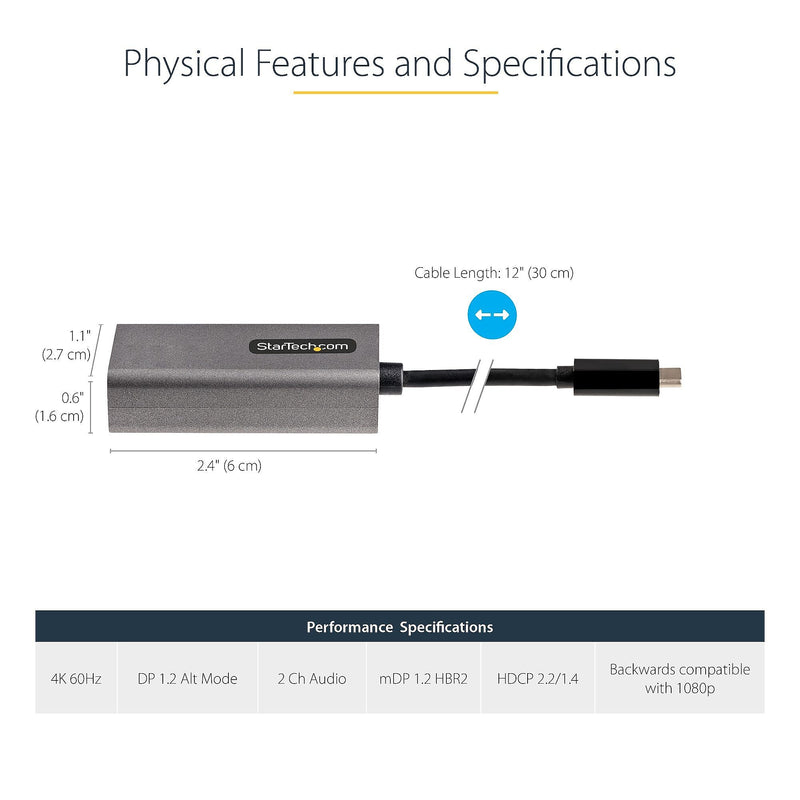 StarTech.com USB-C to Mini DisplayPort Video Adapter, Male to Female, Gray, DP 1.2, 4K 60Hz, HBR2 (CDP2MDPEC)
