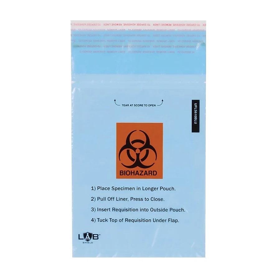 Biohazard Blue Specimen Bags, adhesive closure