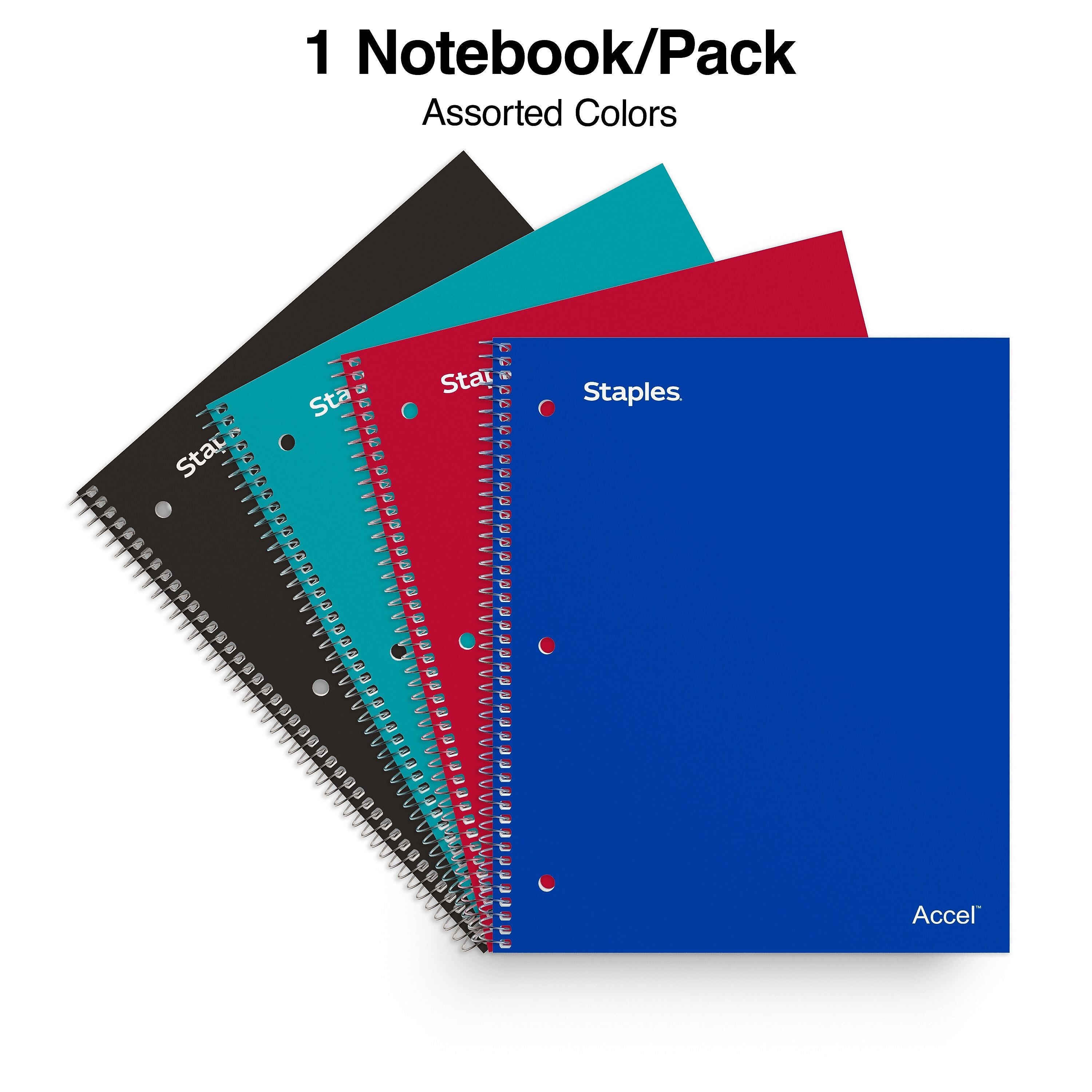 Staples Accel 3-Subject Notebook, 8.5" x 11", College Ruled, 150 Sheets, Assorted Colors (ST15758D)