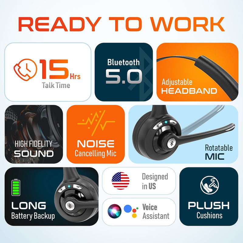 Delton 10X Microphone Wireless Noise-Canceling Bluetooth Mono Trucker Headset, Over-the-Head, Black (DBTHEAD10X)