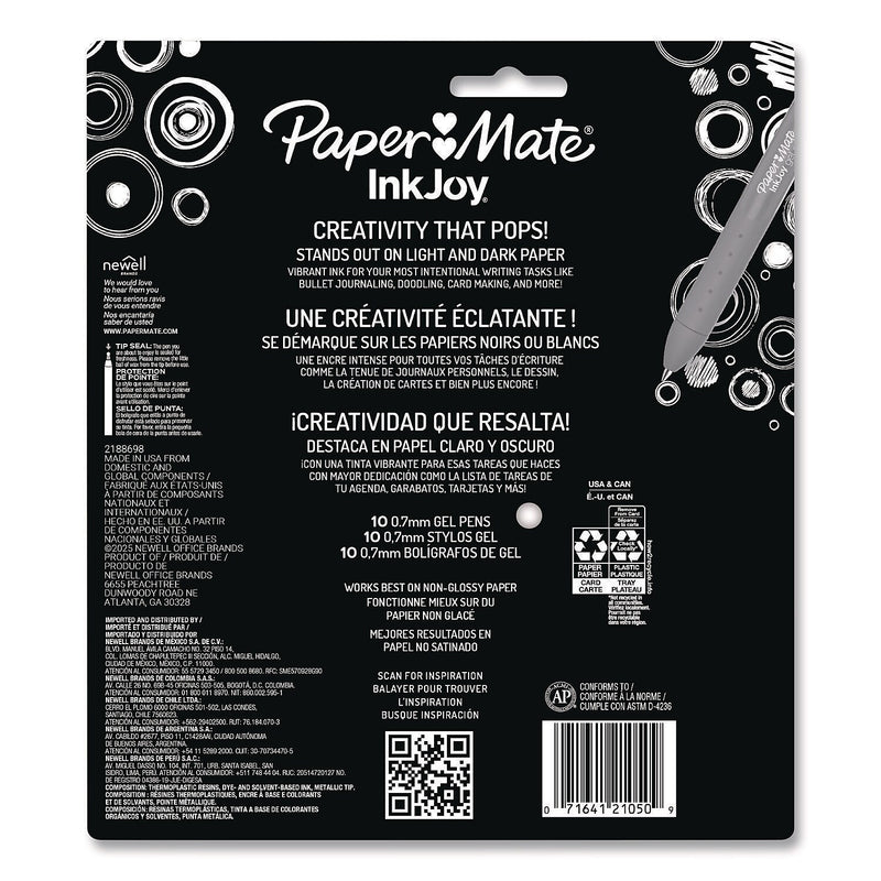 Paper Mate InkJoy Retractable Gel Pen, Medium Point, 0.7mm, Assorted Ink, 10/Pack (2173764)