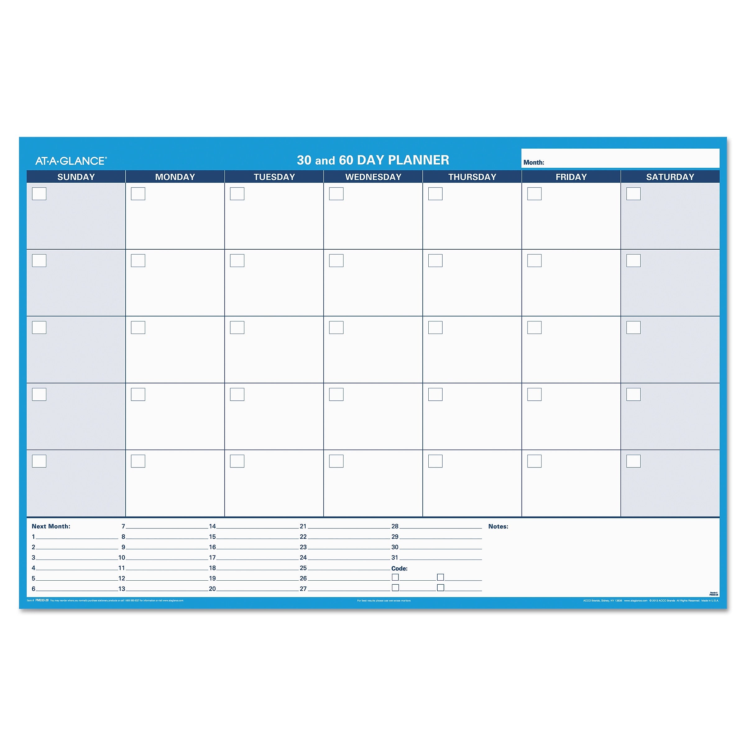 AT-A-GLANCE 48x32 30/60-Day Undated Horizontal Erasable Wall Planner, White/Blue,