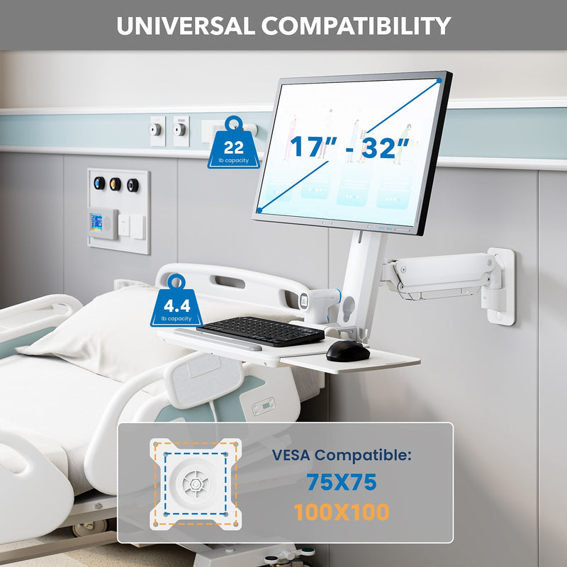 Mount-It! MedHub Wall Mounted, Flexible Workstation for Monitors up to 35", Matte White (MI-16001)