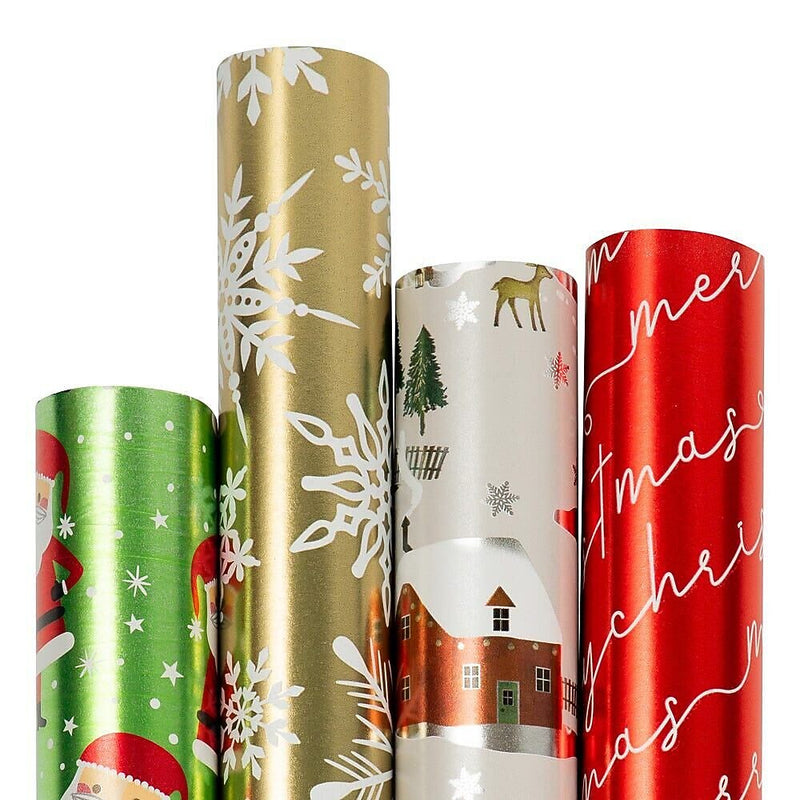 JAM Paper Christmas Wrapping Paper, 25 Sq. ft. x 30", Holographic Merry Christmas Set, 4/Pack (165H4MC)