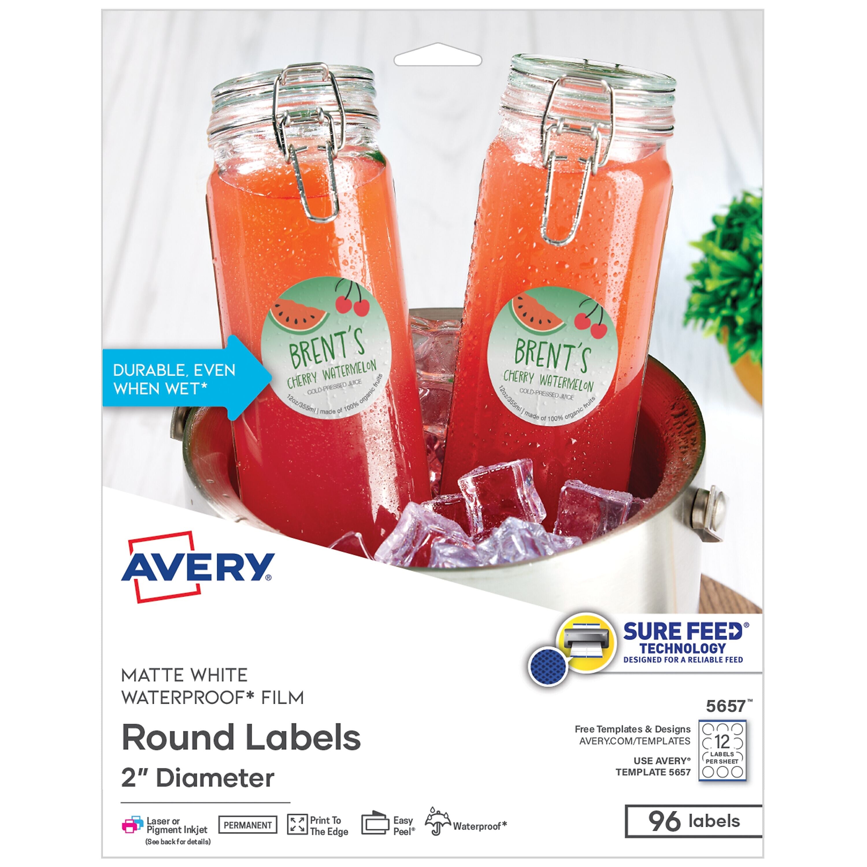 Avery Waterproof Labels with Sure Feed, 2" diameter, White, Laser/Pigment Inkjet, 96 Labels/PK (5657)