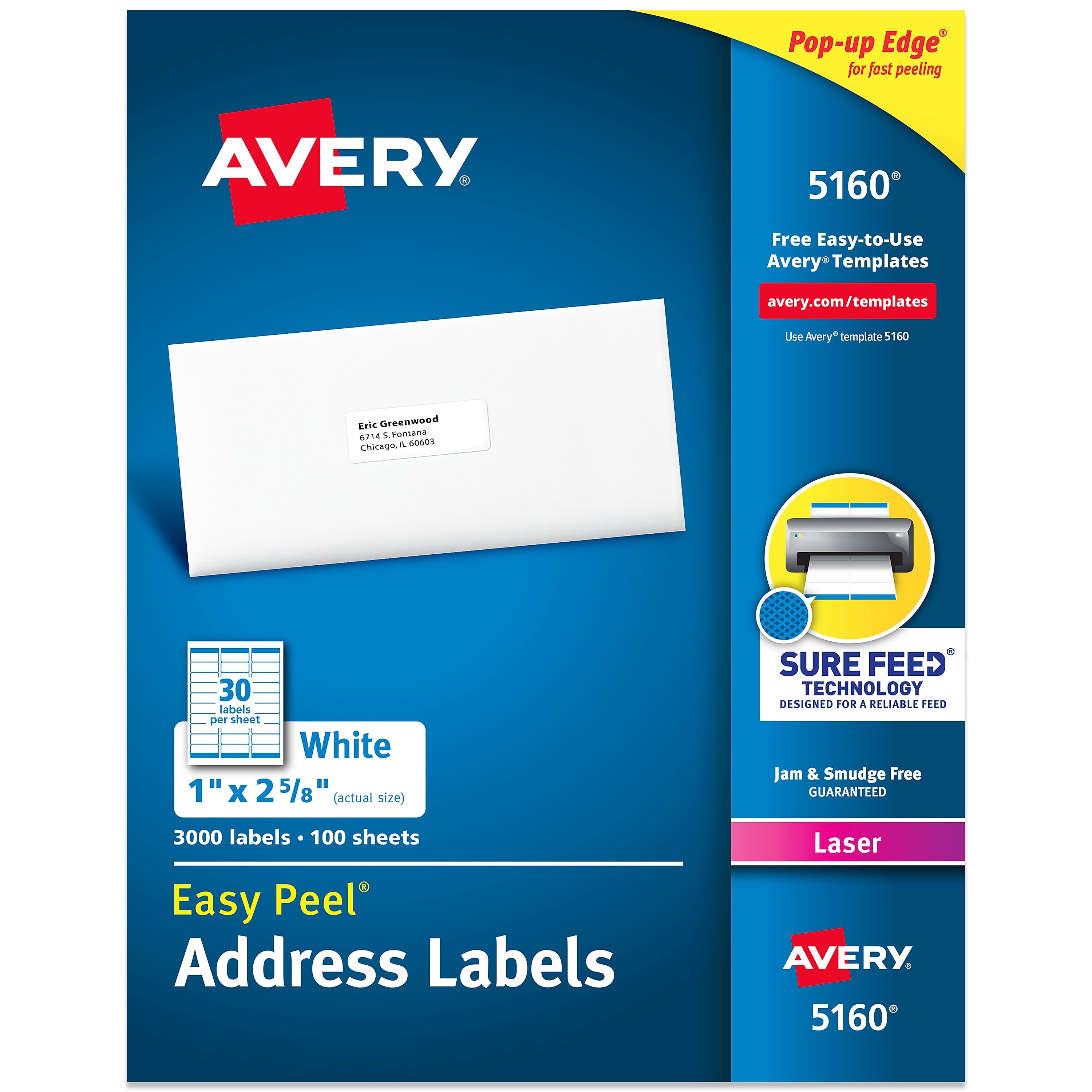 Avery Easy Peel Laser Address Labels, 1" x 2 5/8", Matte White, 3000 Labels/Box (5160)