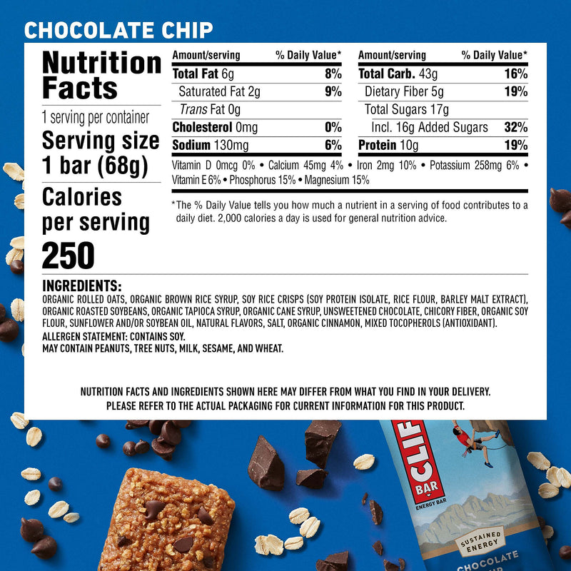 Clif Bar Chocolate Chip Energy Bar, 2.4 oz., 12 Bars/Box (CCC160004)