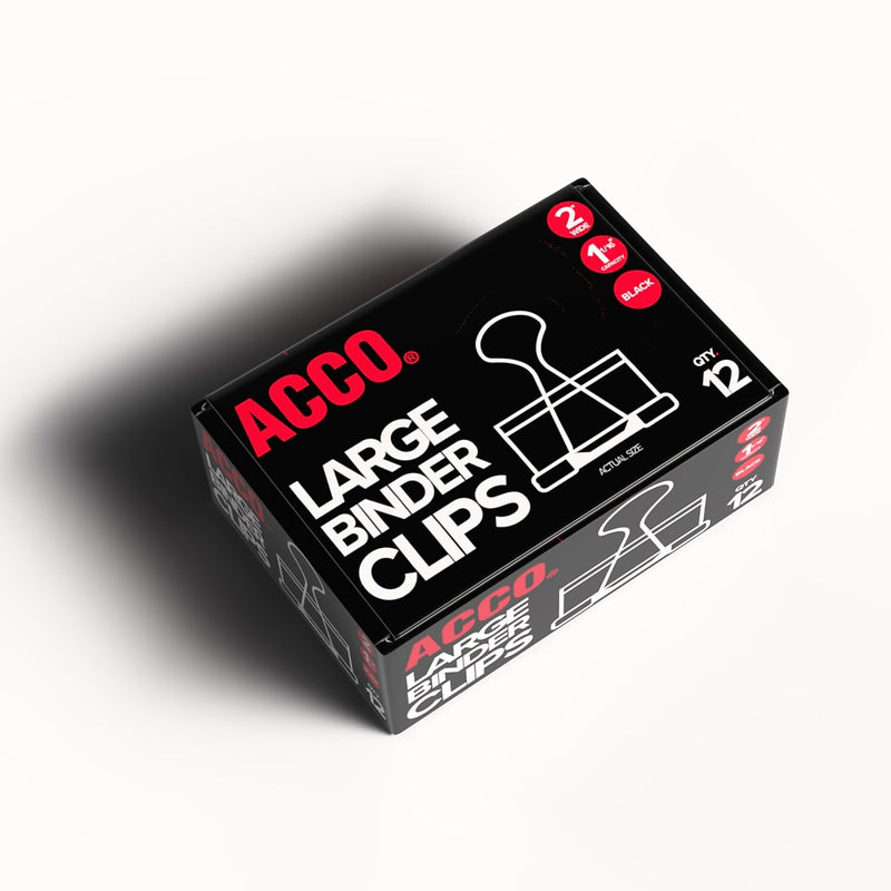 ACCO Large Binder Clips, 1.06" Capacity, Black, 12 Clips/Pack (72100)
