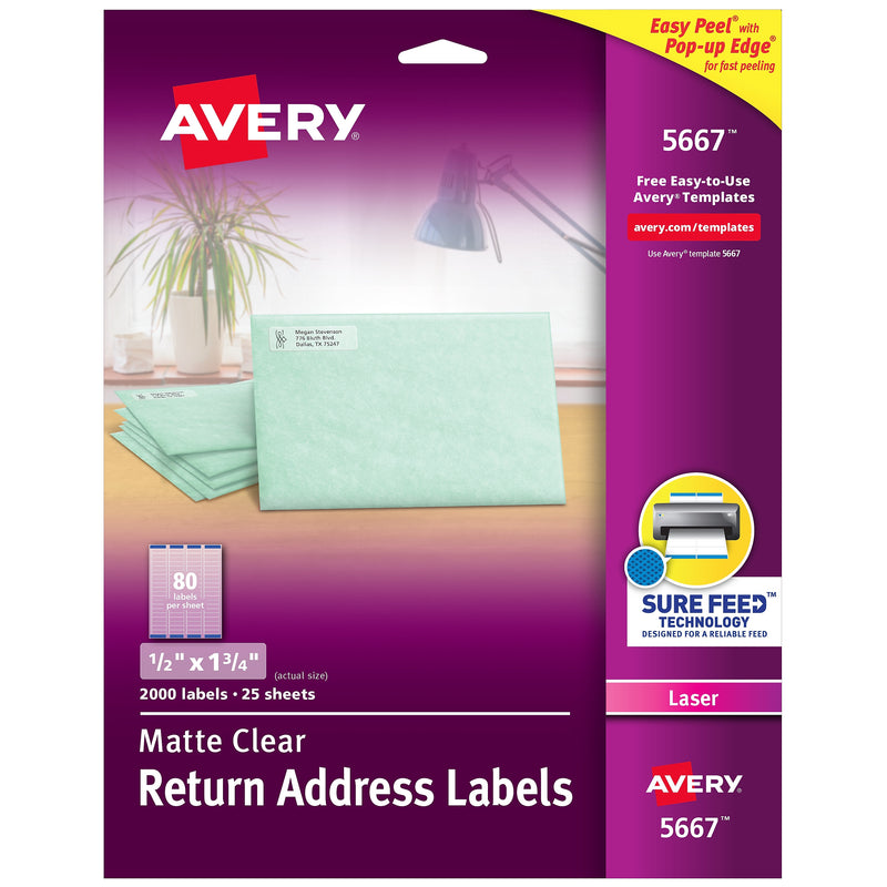Avery Easy Peel Laser Return Address Labels, 1/2" x 1-3/4", Clear, 2,000 Labels/Pack (5667)