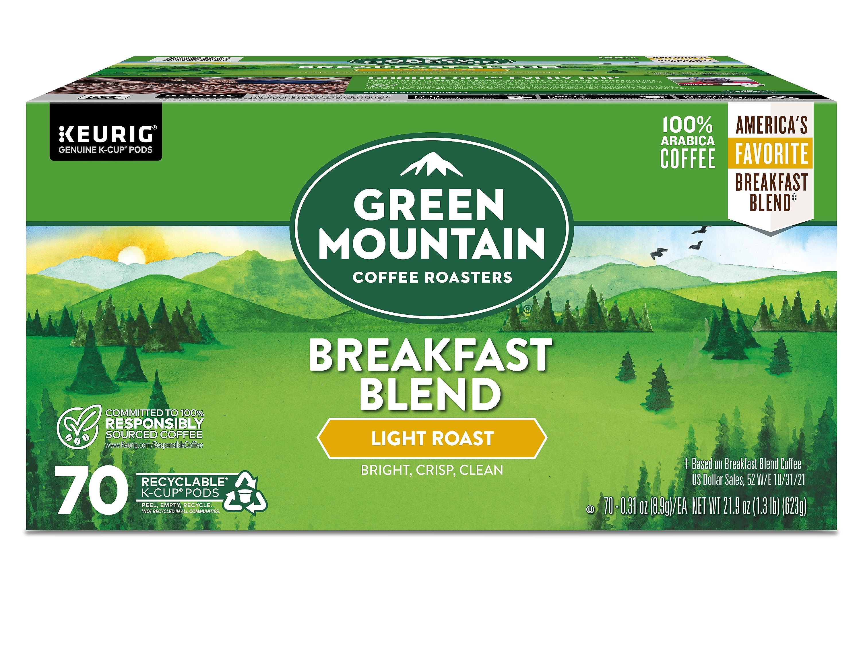 Green Mountain Breakfast Blend Coffee Keurig® K-Cup® Pods, Light Roast, 70/Box (5000373741)