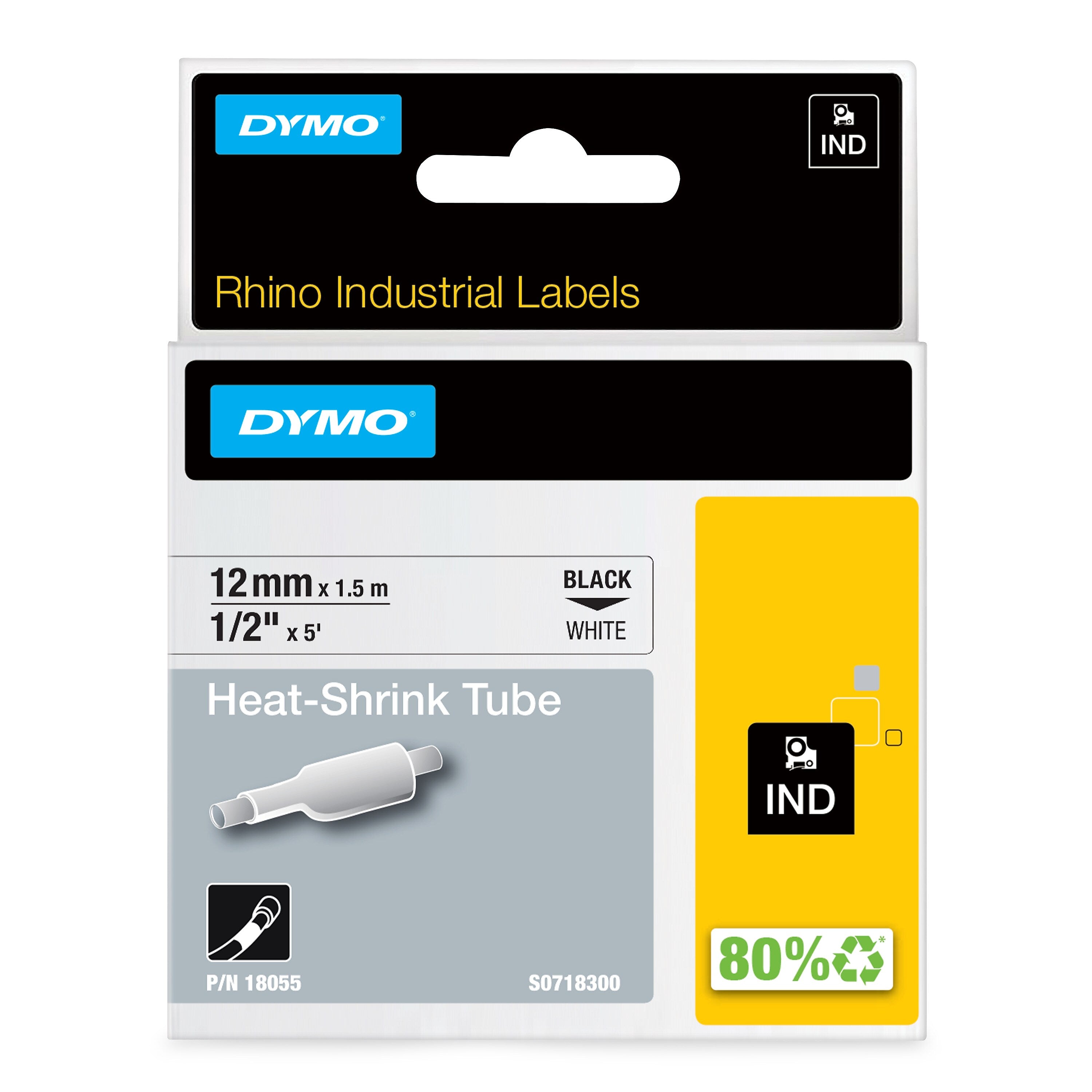 DYMO Rhino Industrial 18055 Heat-Shrink Tube Label Maker Tape, 1/2" x 5', Black on White (18055)