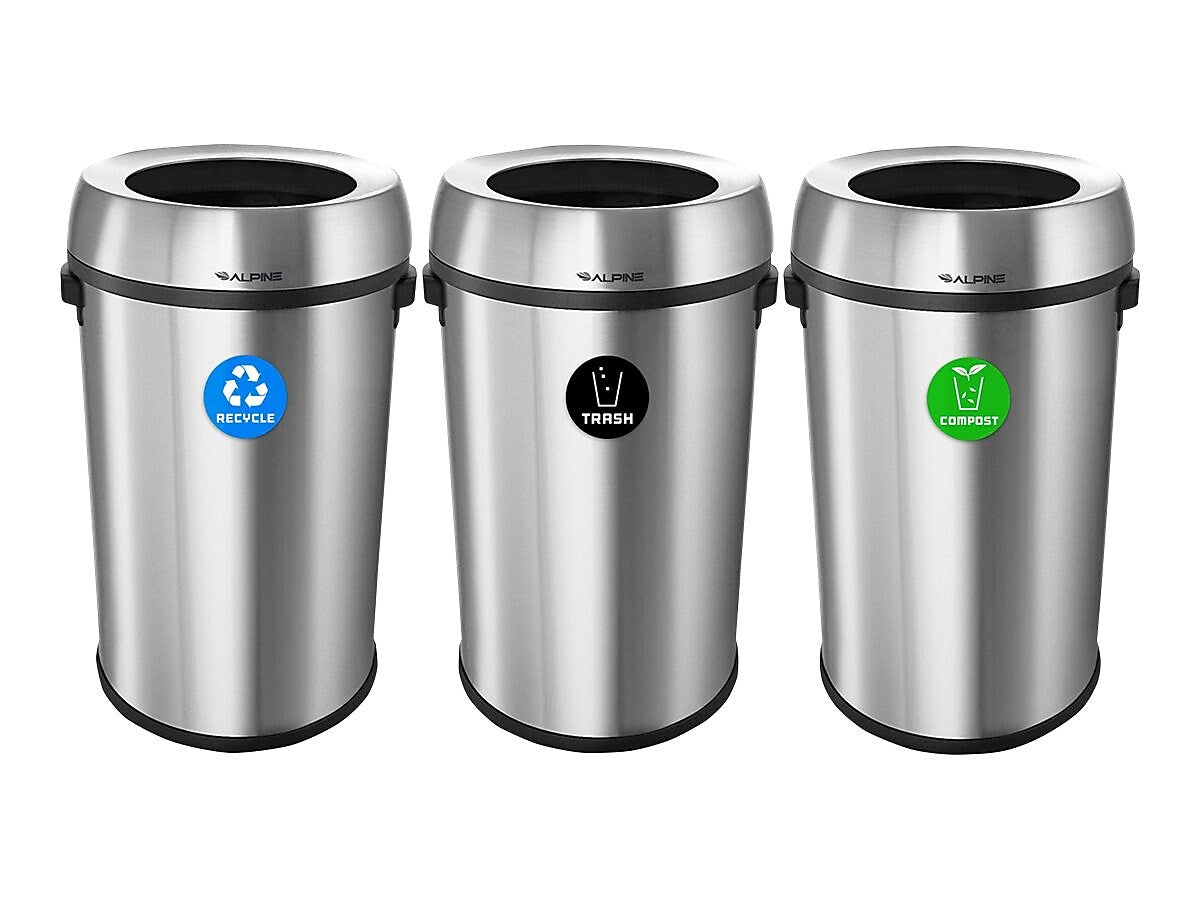 Alpine Industries Stainless Steel Recycling, Trash and Compost Station with Open Lid, 51 Gallon, 3/Pack (ALP470-65L-R-T-CO)