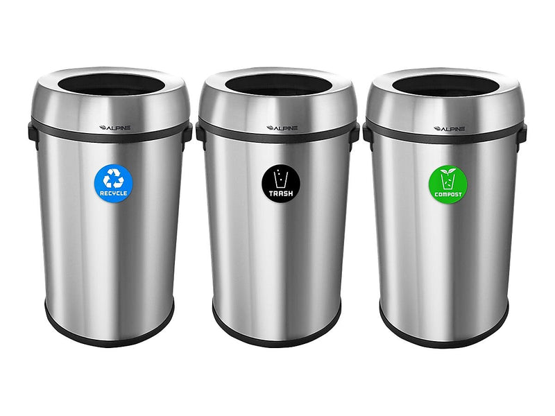 Alpine Industries Stainless Steel Recycling, Trash and Compost Station with Open Lid, 51 Gallon, 3/Pack (ALP470-65L-R-T-CO)