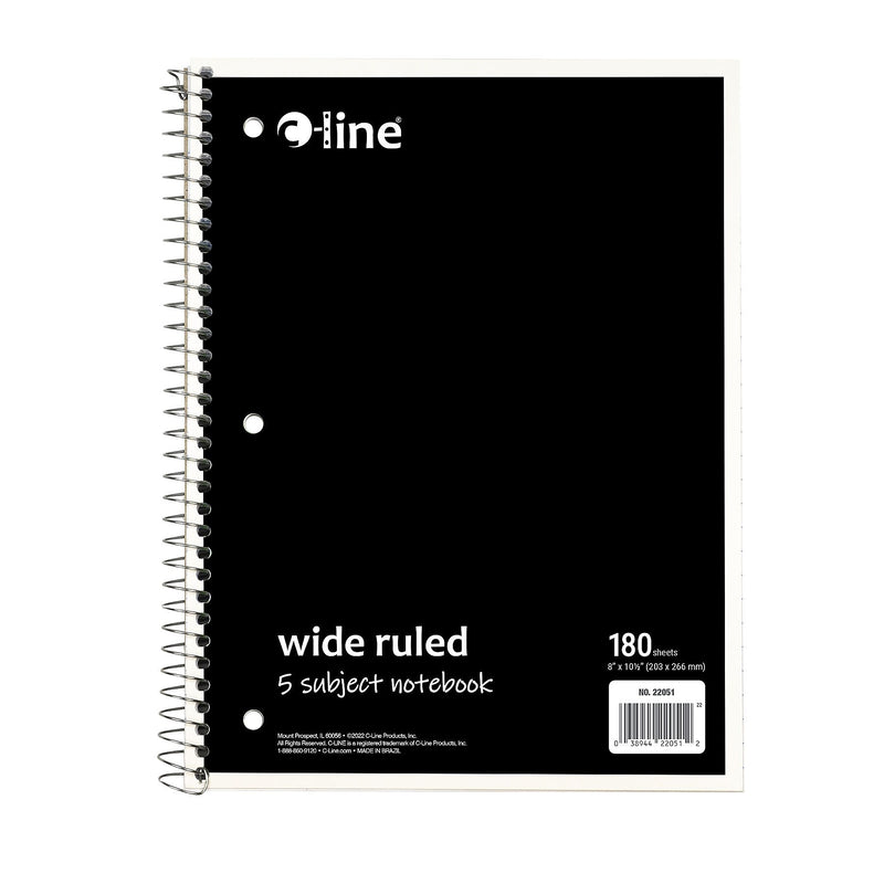 C-Line 5-Subject Subject Notebooks, Wide Ruled, 180 Sheets, Assorted Colors, 3/Bundle (CLI22051-3)