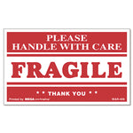 Printed Message Self-Adhesive Shipping Labels, Fragile Handle With Care, 3 X 5, Red/clear, 500/roll