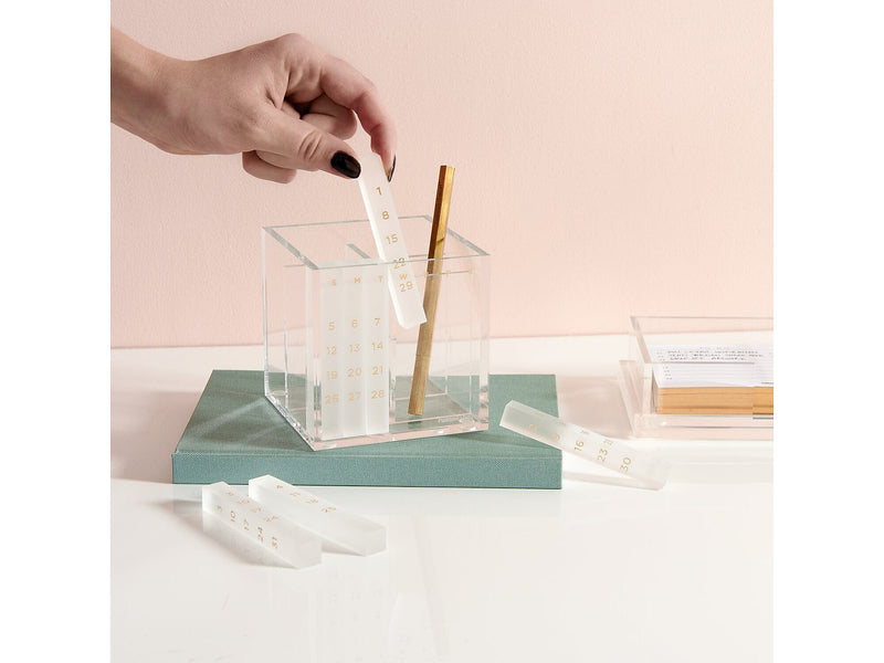 Russell+Hazel Bloc 2-Compartment Stackable Acrylic Pencil Cup with Monthly Calendar, Clear/Gold (93917)