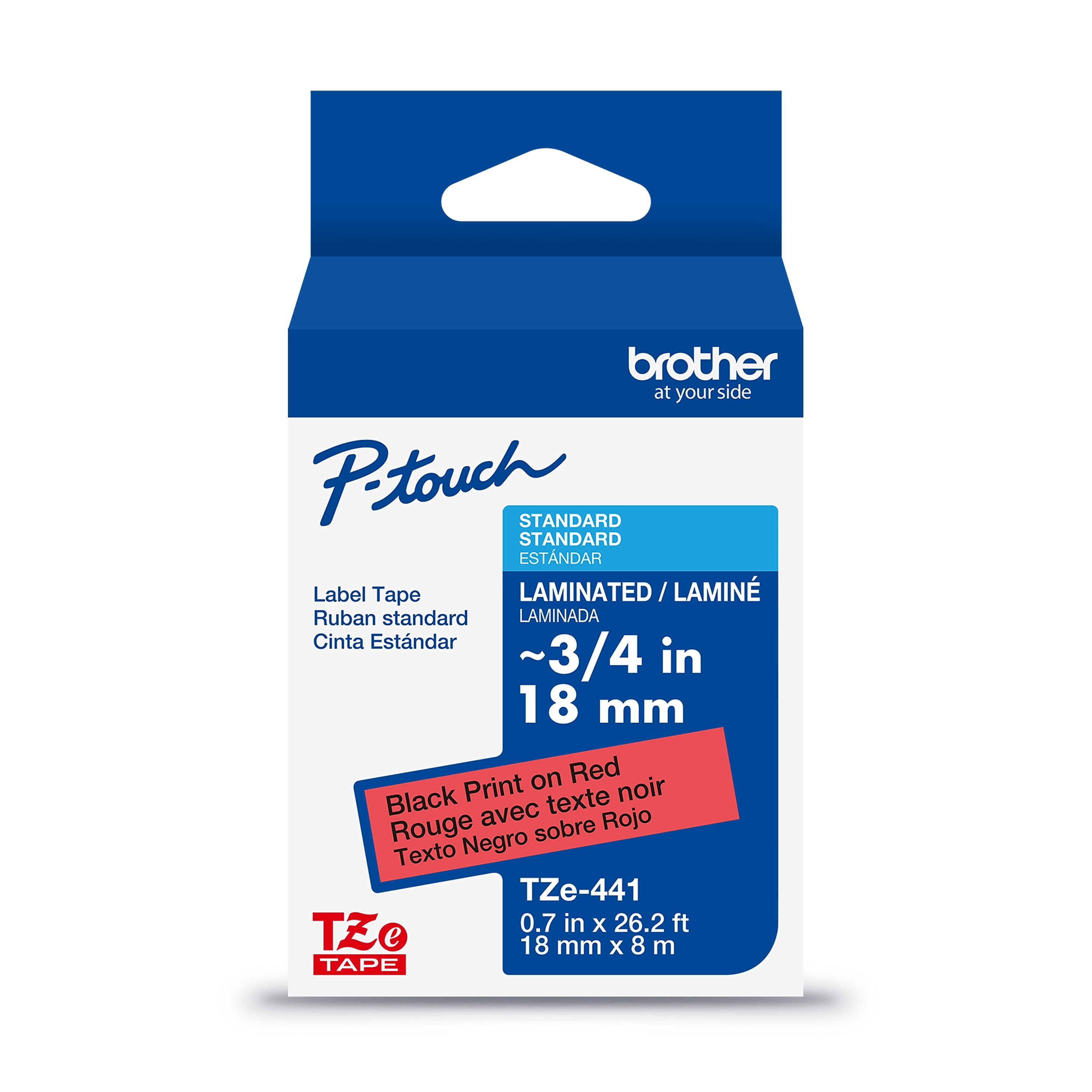 Brother P-touch Laminated Label Tape, ~3/4" x 26.2', Black on Red (TZe441)