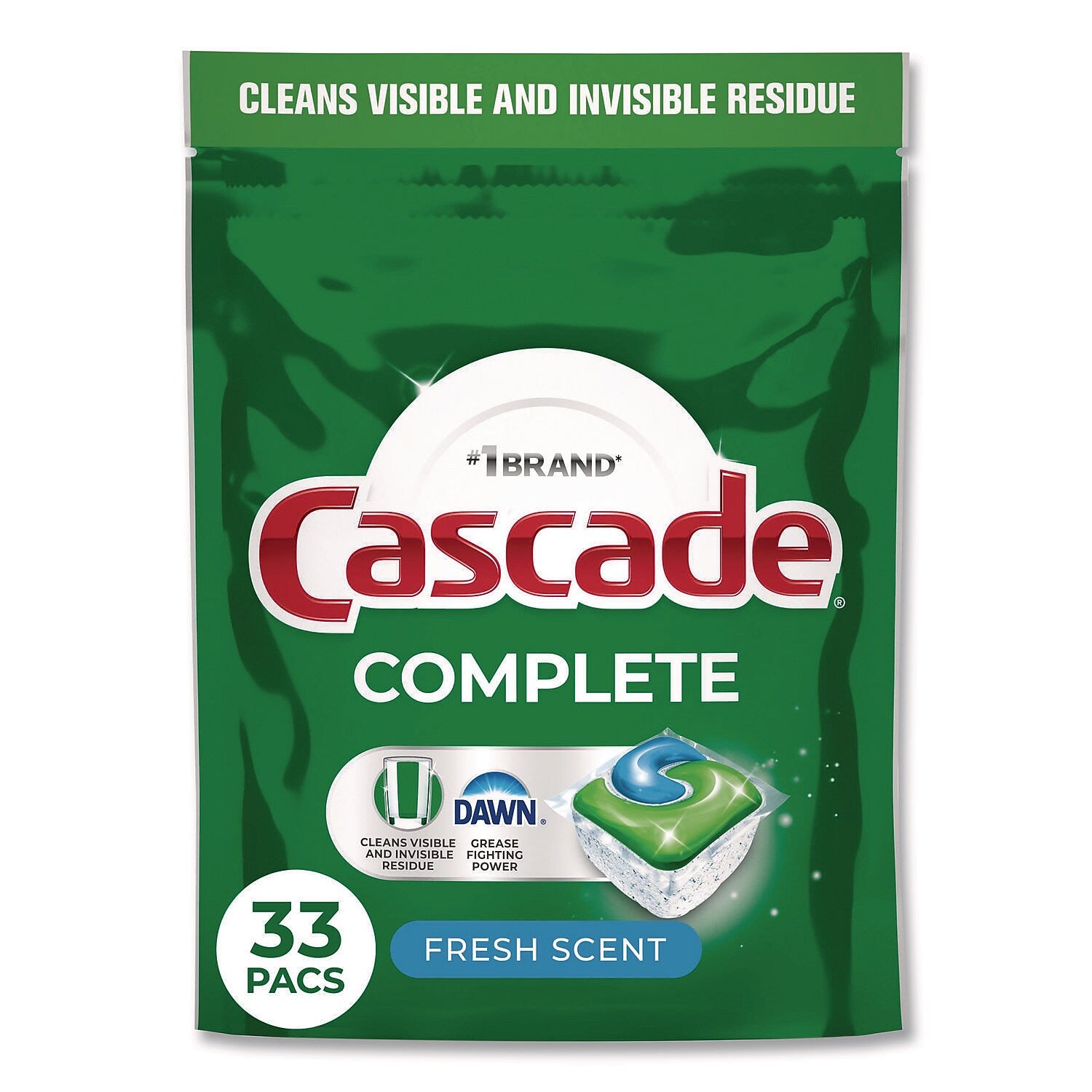 Cascade Complete ActionPacs Dishwasher Detergent, Fresh Scent, 17.6 oz., 33 Pacs/Bag, 4 Bags/Carton (80797047)