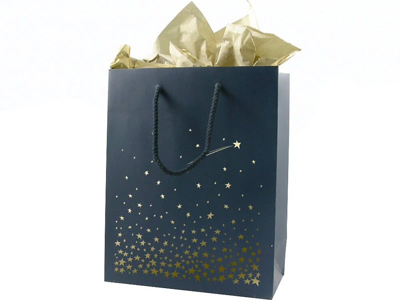 Baudville Stars Gift Bag, 10" x 8" x 4", Navy/Gold, 5/Pack (1391248P531)