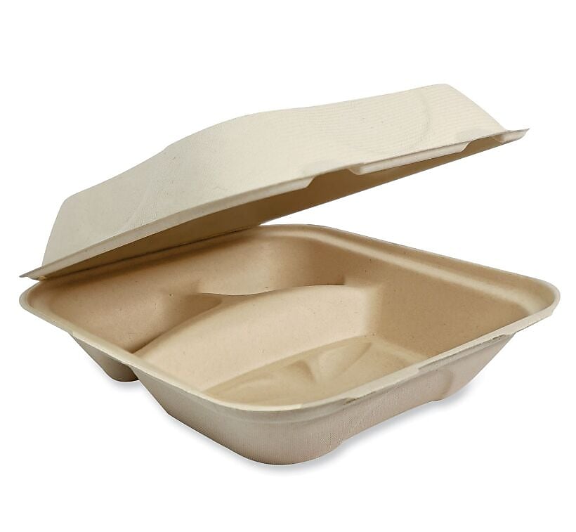 World Centric Fiber Hinged Containers, 9.2" x 9.1" x 3.2", Natural, Paper, 300/Carton (WORTOSCU9LFP)