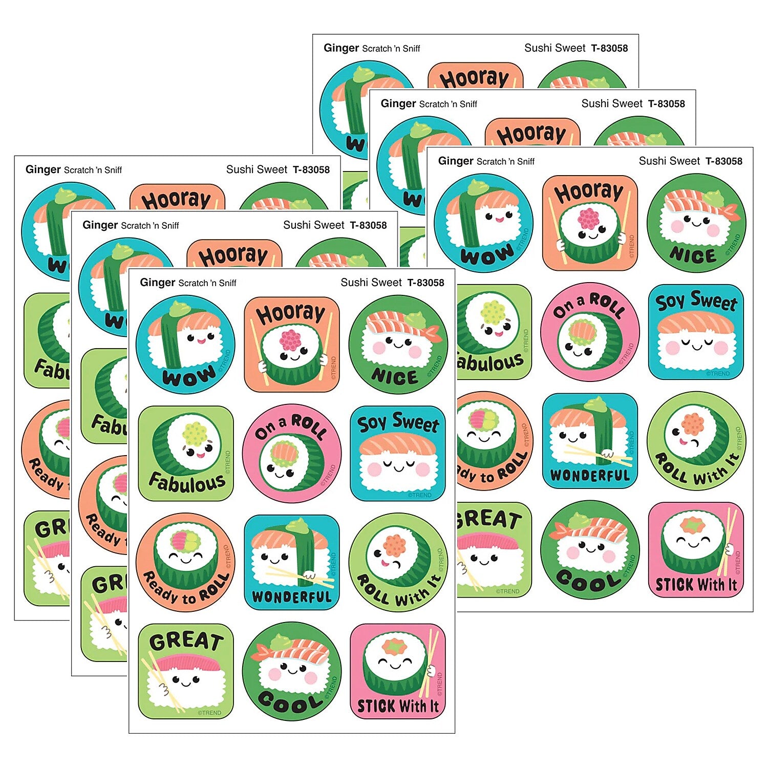 Trend Enterprises Sushi Sweet Ginger Scent Scratch 'n Sniff Stinky Stickers, Multicolored, 48/Pack, 6/Packs/Bundle (T-83058-6)