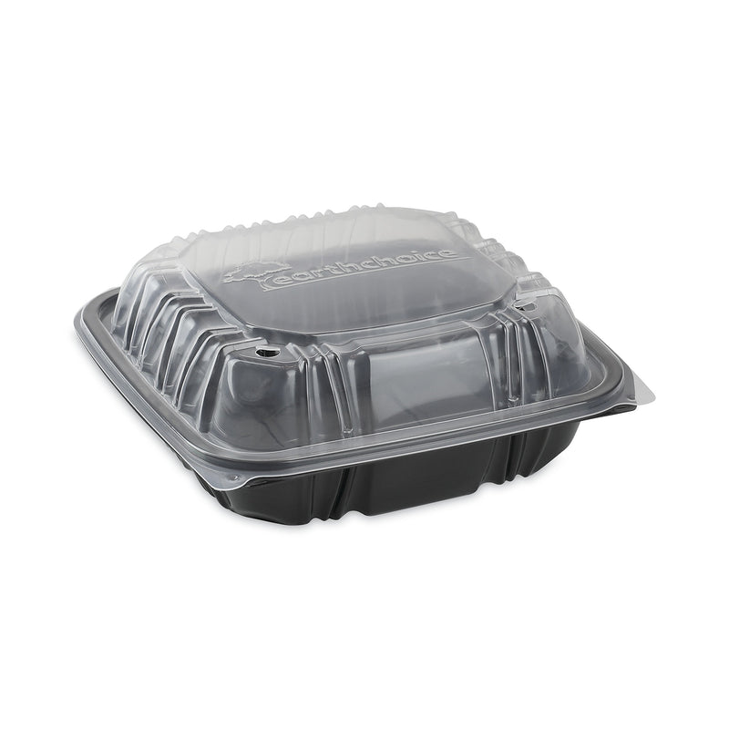 Pactiv Evergreen EarthChoice Vented Dual Color Microwavable Hinged Lid Container, 38oz, Black/Clear, Plastic, 150/CT