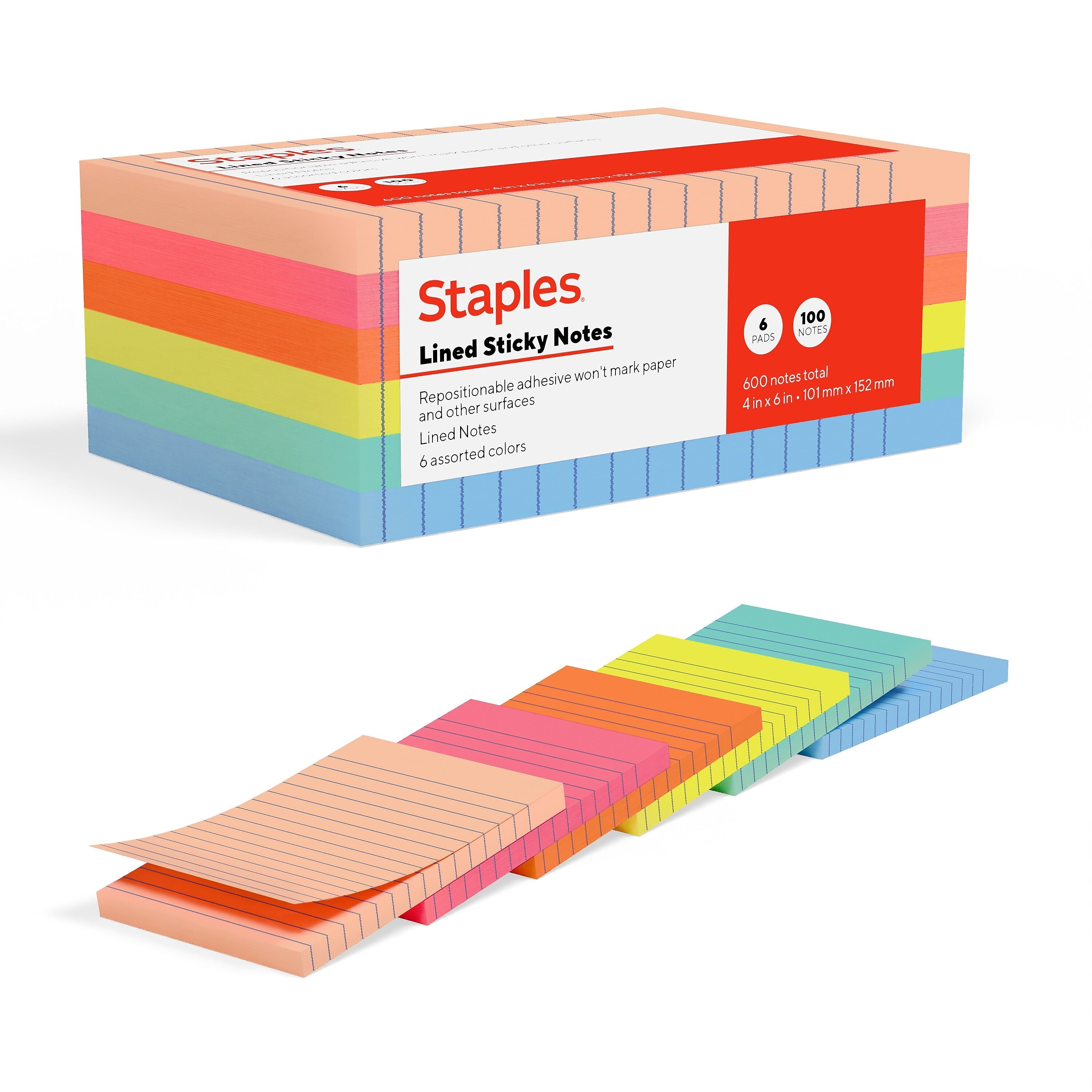 Staples Sticky Notes, 4" x 6", Golden Hour Collection, Lined, 100 Sheets/Pad, 6 Pads/Pack (ST62871)