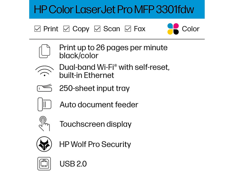 HP LaserJet Pro MFP 3301fdw Wireless Color All-In-One Laser Printer, Print, Scan, Copy, Fax, Best for Office (499Q5F)