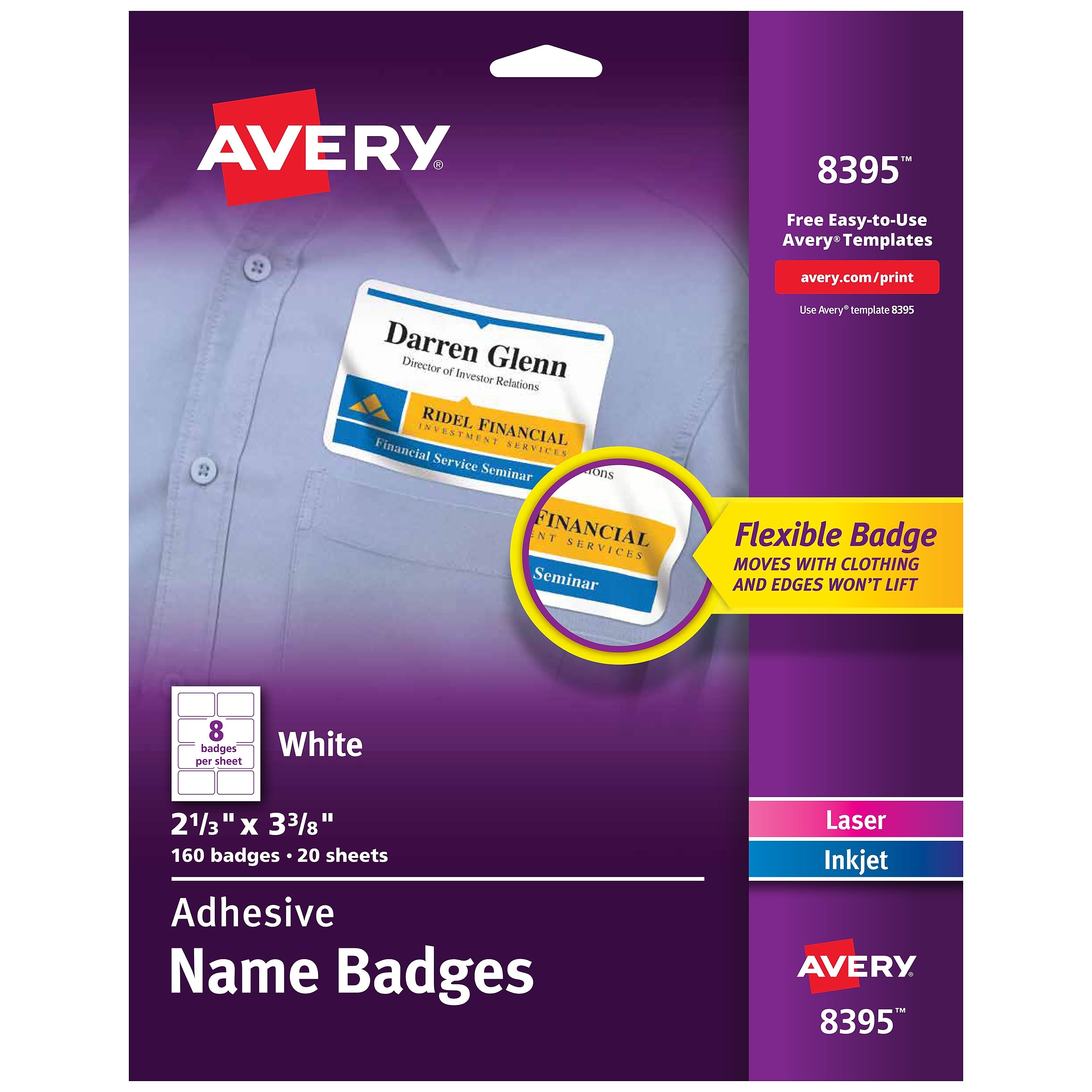 Avery Adhesive Laser/Inkjet Name Badges, 2 1/3" x 3 3/8", White, 160 Labels Per Pack (8395)