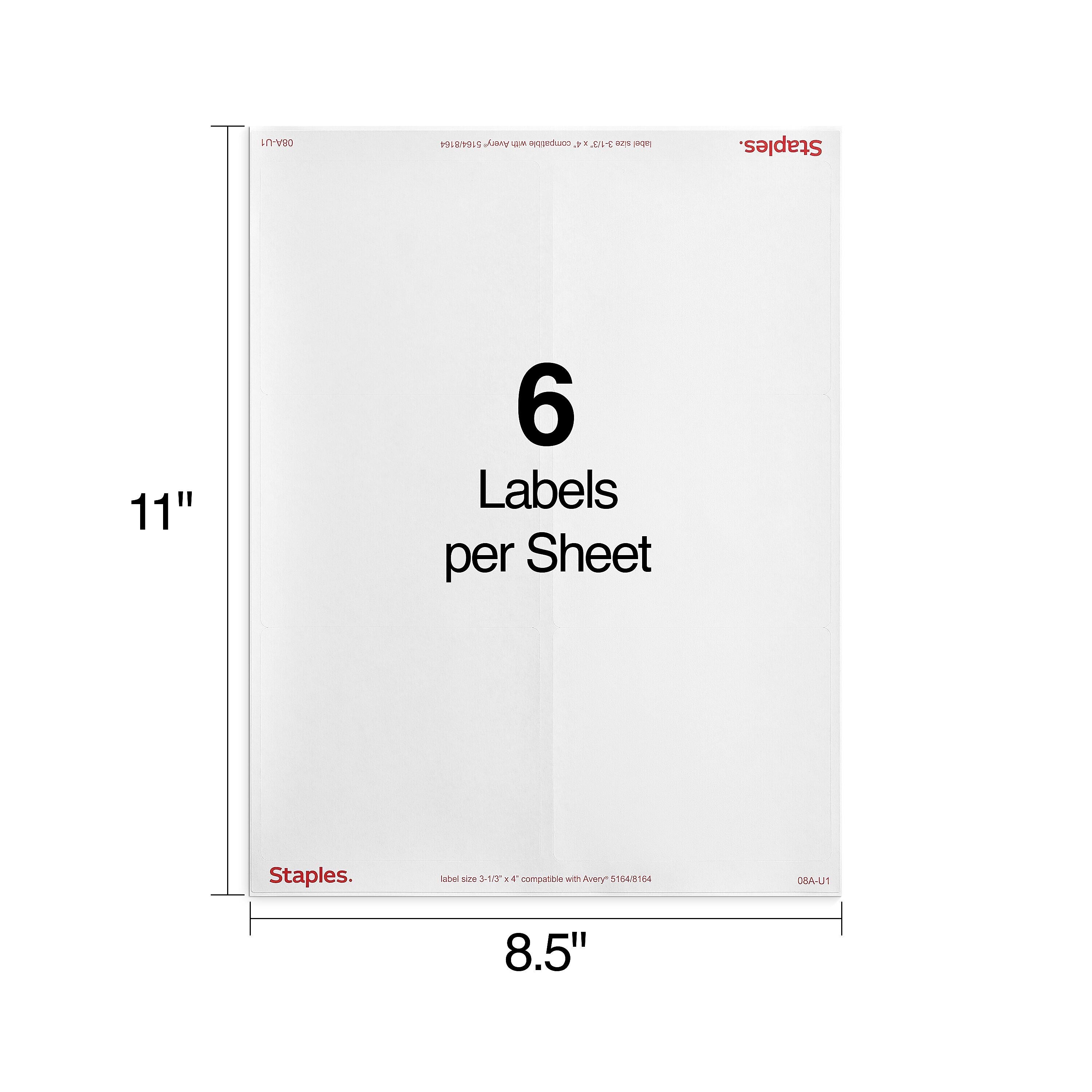 Staples Laser/Inkjet Shipping Labels, 3-1/3" x 4", White, 6 Labels/Sheet, 100 Sheets/Pack (ST18061-CC)