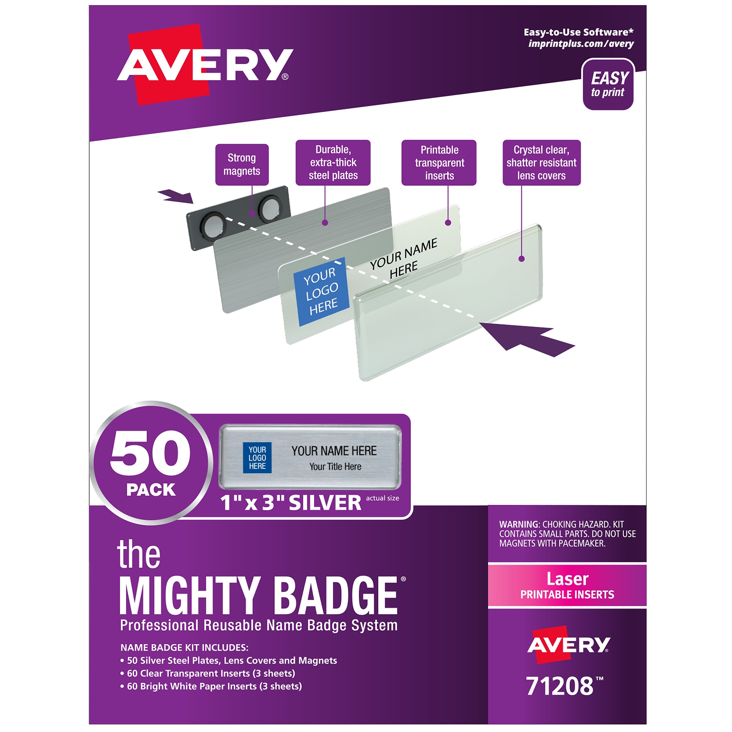 Avery The Mighty Badge Laser Reusable  Magnetic Name Badge System, 1" x 3", Silver, 120 Inserts, 50/Pack (71208)