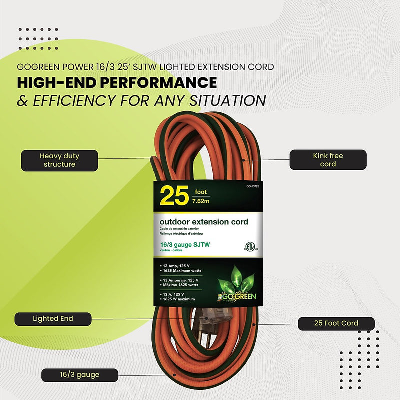 GoGreen Power 25' Indoor/Outdoor Extension Cord, 16 AWG, Orange (GG-13725)