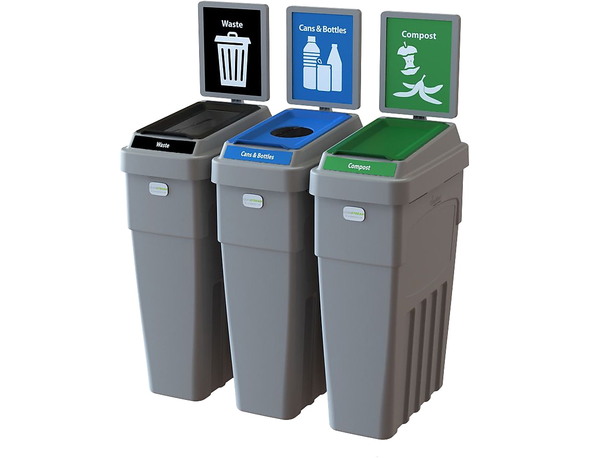 CleanRiver LeanStream Plastic Three-Stream Recycling Station, 69 Gallon, Gray (LS3B-002)
