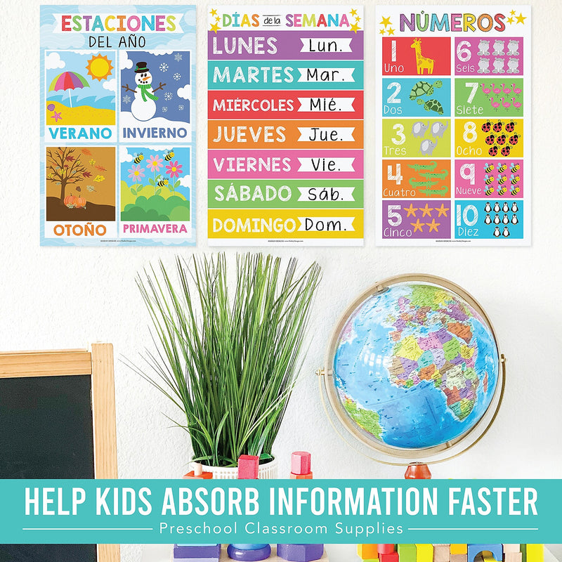 Hadley Designs 17" x 11"  Colorful Spanish Preschool Educational Posters, Laminated, 12/Set (HDDX004AH66RV)