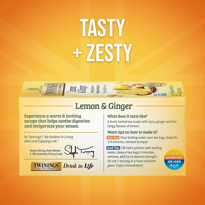 Twinings Lemon & Ginger Herbal Caffeine Free Tea Bags, 25/Box (TNA85145)