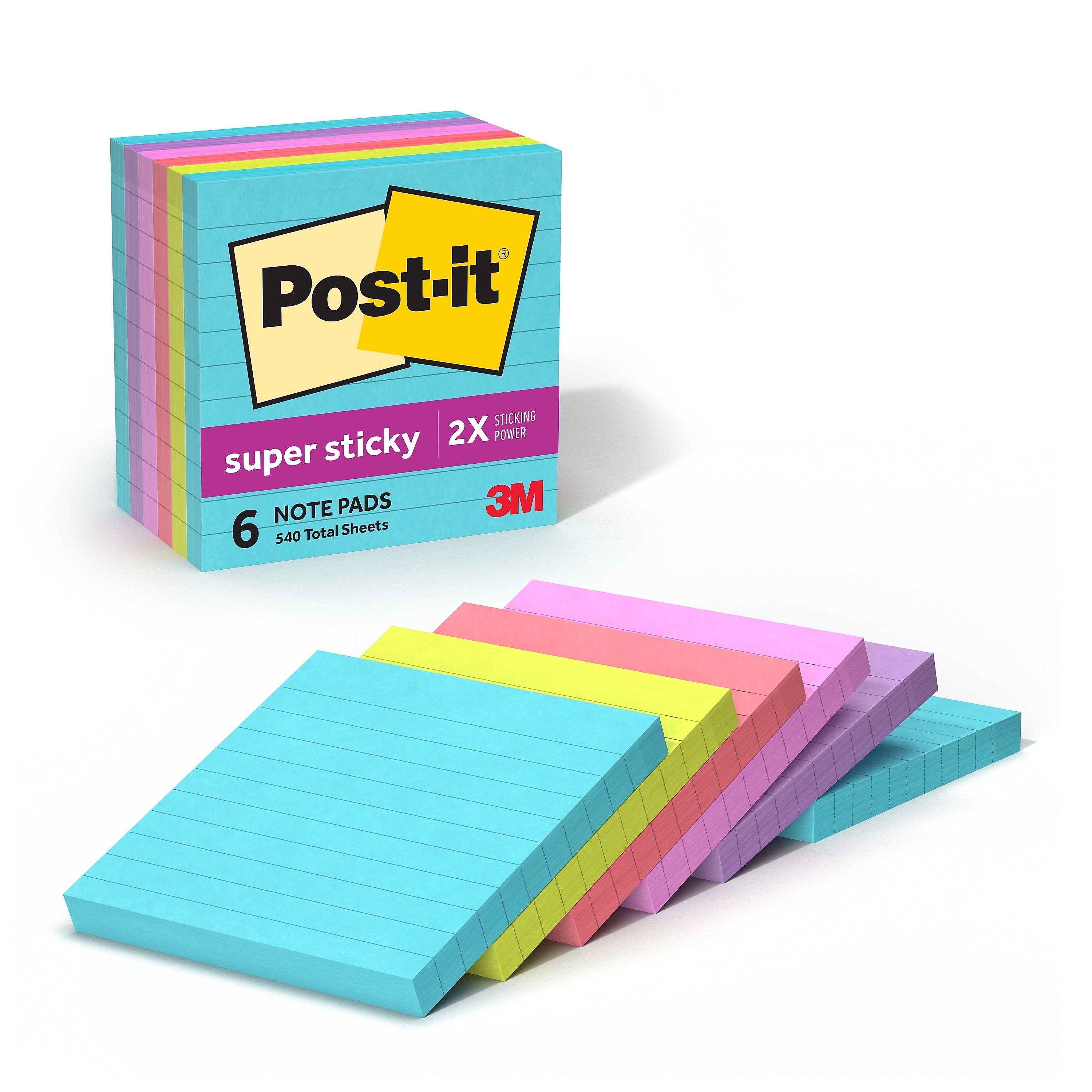 Post-it Super Sticky Notes, 4" x 4", Supernova Neons Collection, Lined, 90 Sheet/Pad, 6 Pads/Pack (675-6SSMIA)