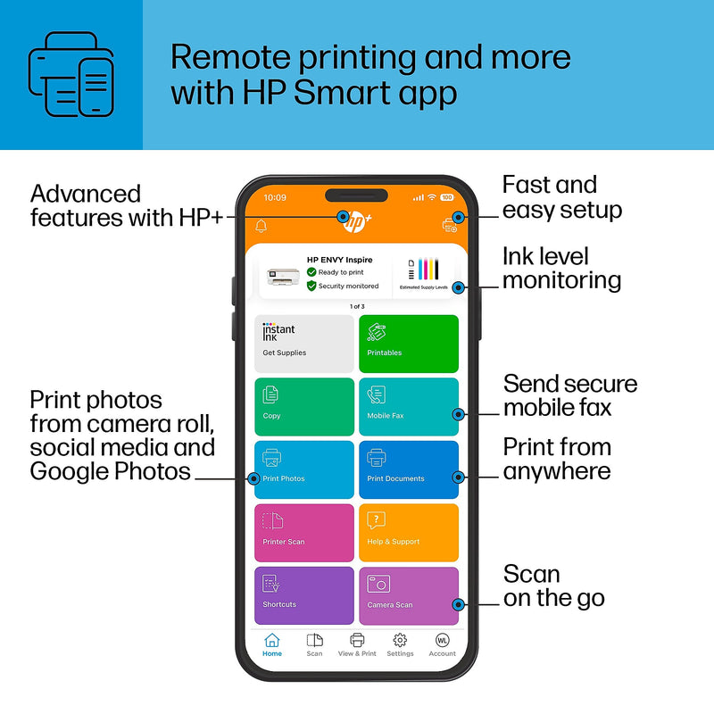 HP Envy Inspire 7255e Wireless Color All-In-One Inkjet Printer, Print, Scan, Copy, Best for Home, 3 Months FREE Ink with HP+