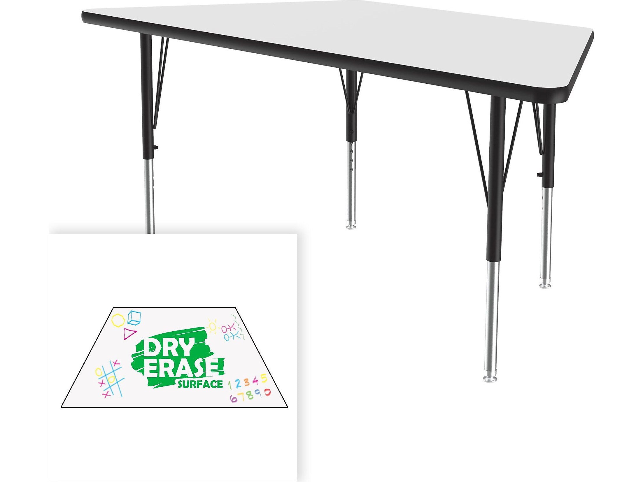 Correll Trapezoid Activity Table, 60" x 30", Height-Adjustable, Frosty White/Black (A3060DE-TRP-80)