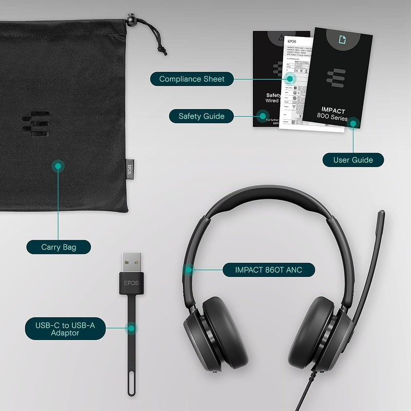 EPOS Impact 860T Active Noise Canceling Stereo Headset, USB-C, MT Certified (1001177)