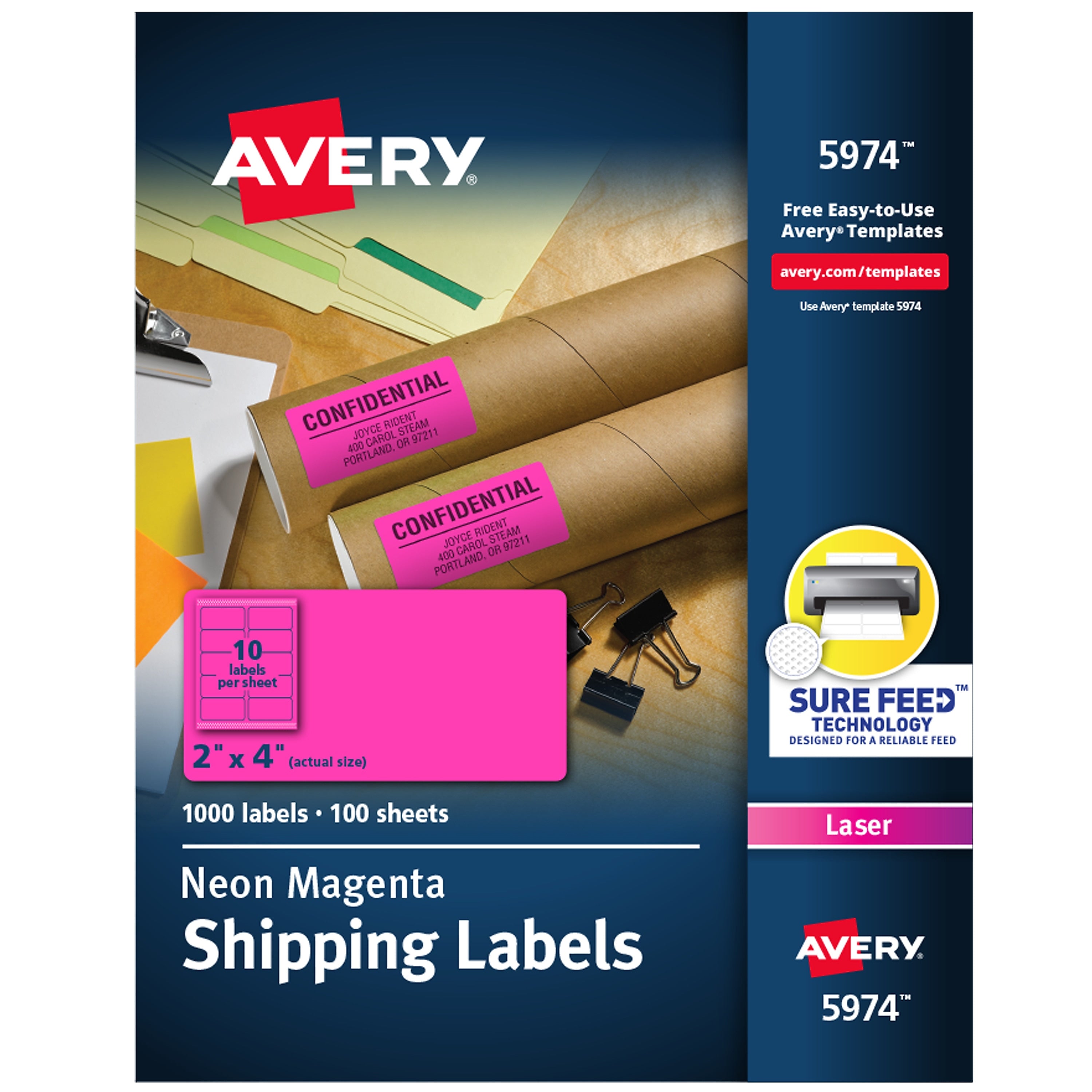 Avery Sure Feed Laser Shipping Labels, 2"x 4", Neon Magenta, 1,000 Labels/Box (5974)