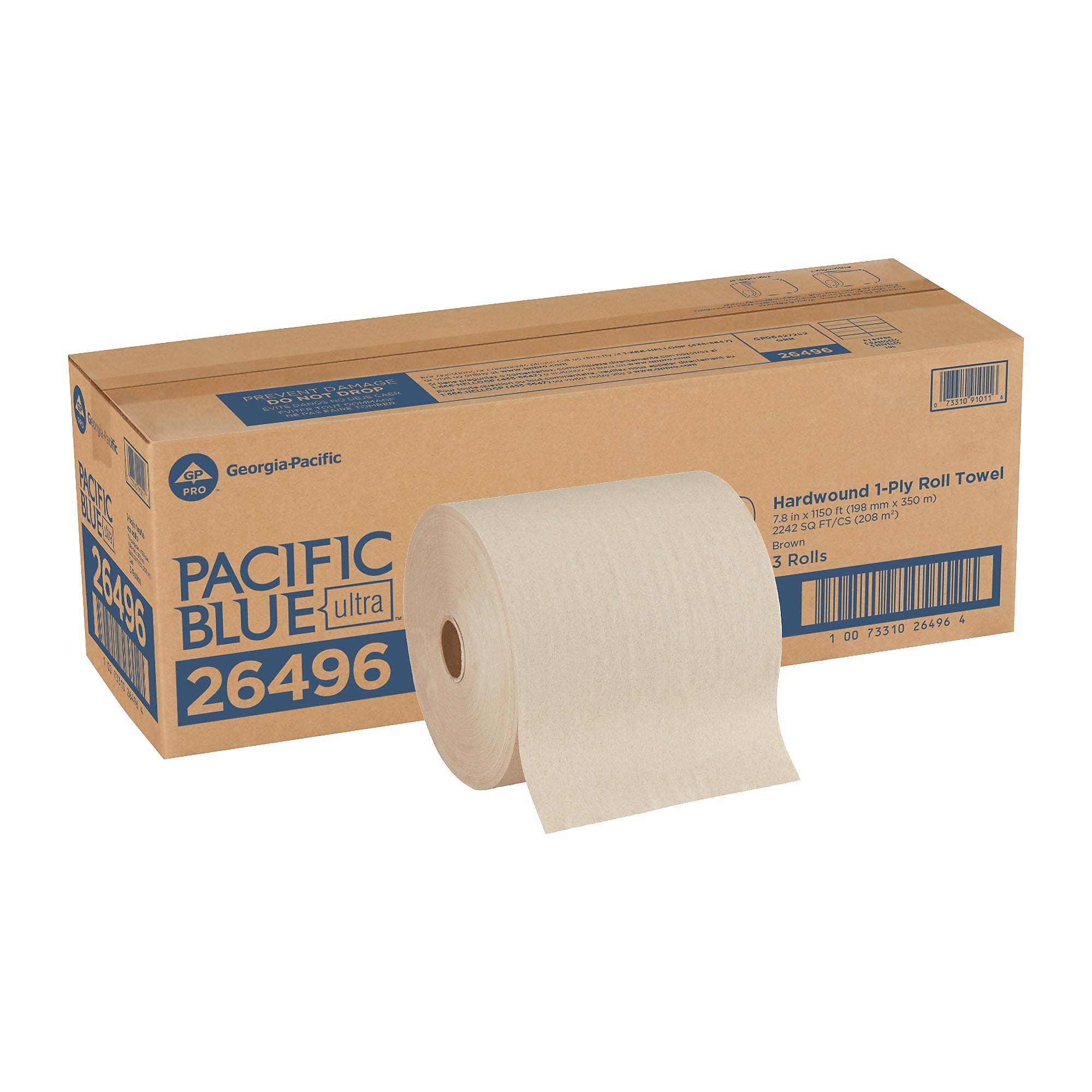 Pacific Blue Ultra 8” High-Capacity Recycled Paper Towel Roll by GP PRO, 1-Ply, Brown, 1150’/Roll, 3 Rolls/Carton (26496)