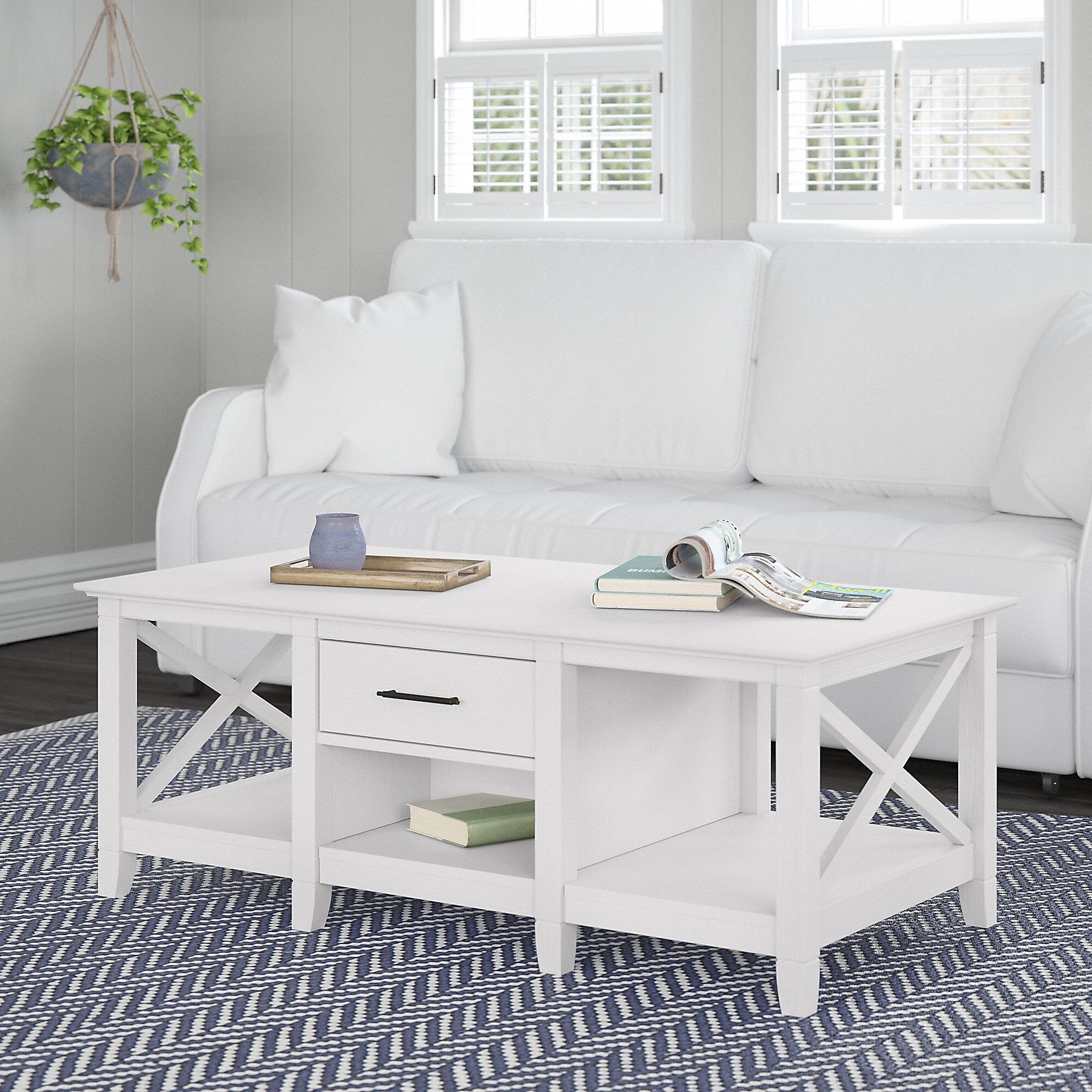 Bush Furniture Key West 47" x 24" Coffee Table, Pure White Oak (KWT148WT-03)