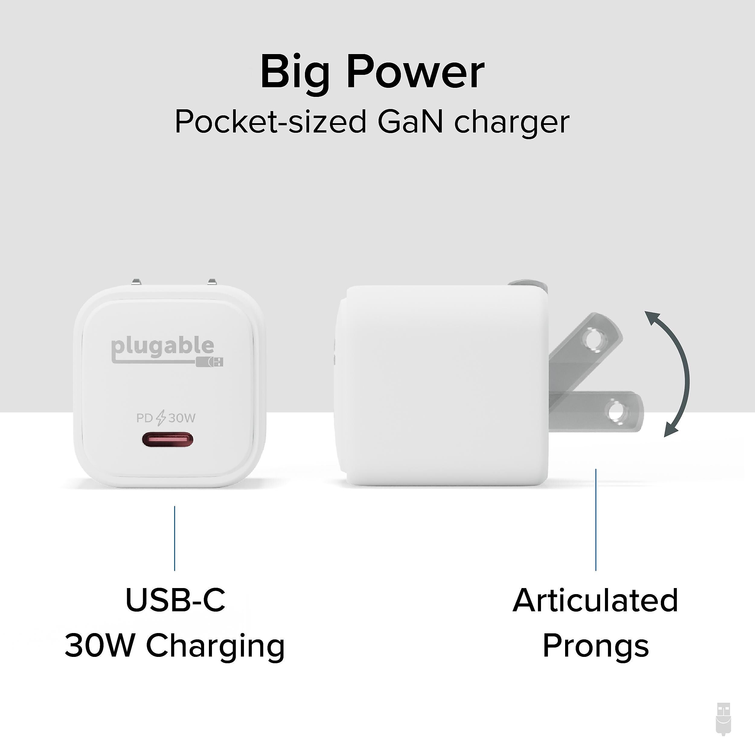Plugable GaN USB-C Wall Charger for Samsung, 30W, White (PS-30C1W-3X)