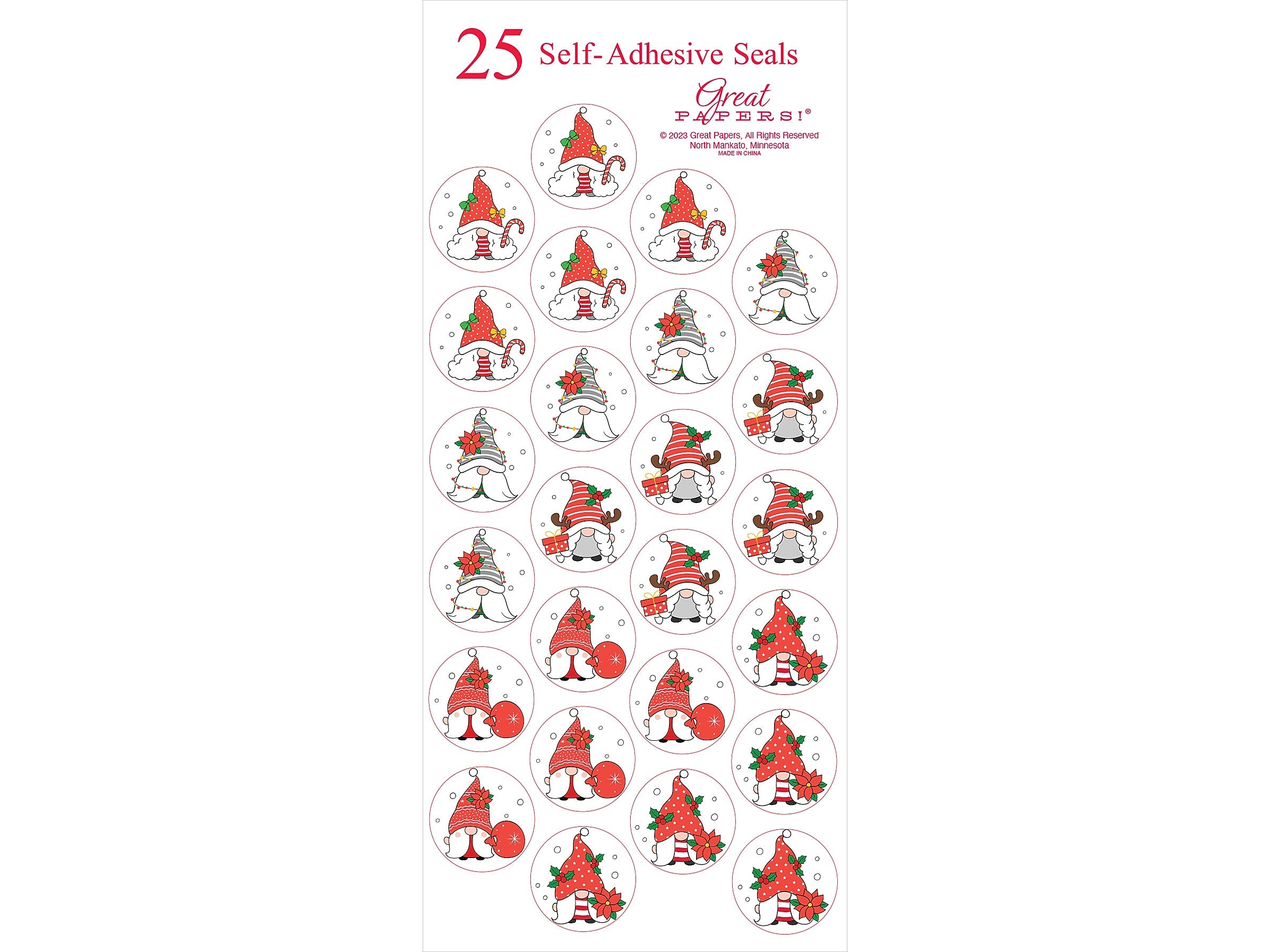 Great Papers Holiday Gnomes Seals, Assorted Colors, 25/Pack (2023055)