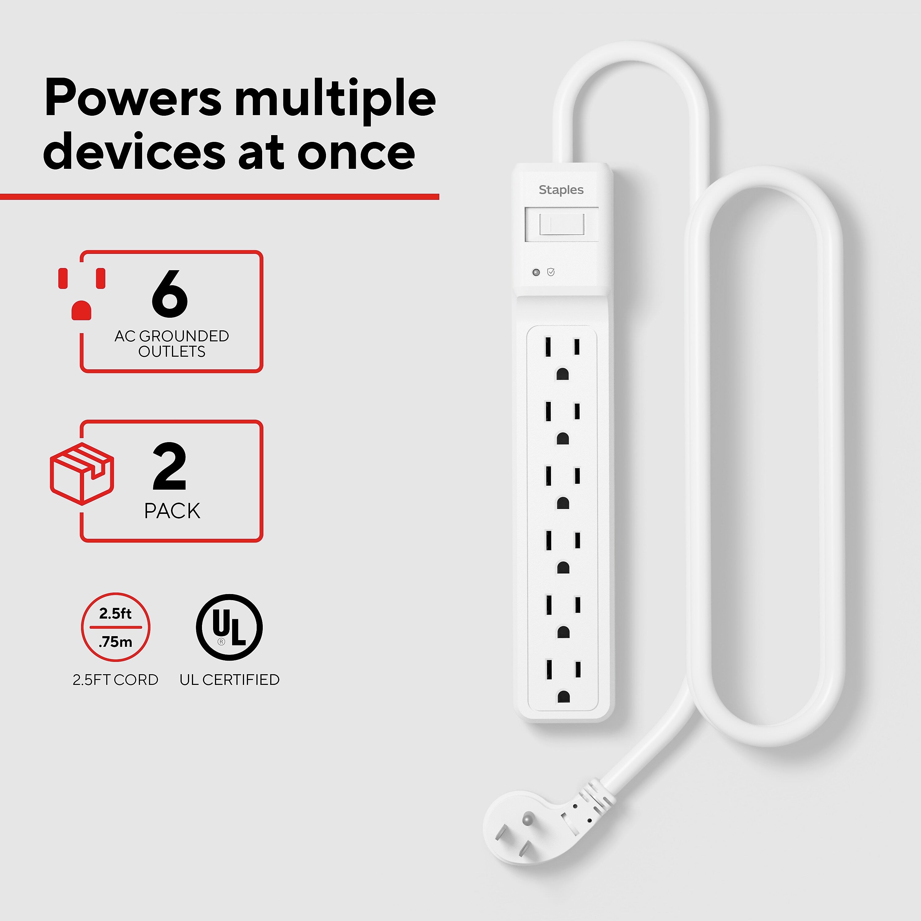 Staples TECH 6-Outlet Surge Protector, 2.5', 1800 Joules, White, 2/Pack (ST62763)